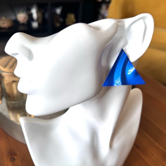 Vintage Jewelry - Vintage Blue Metal Triangle Wave Earrings